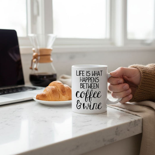 Funny Coffee Mug – Life Is What Happens Between Coffee & Wine | Ceramic Gift by Joyful Moose