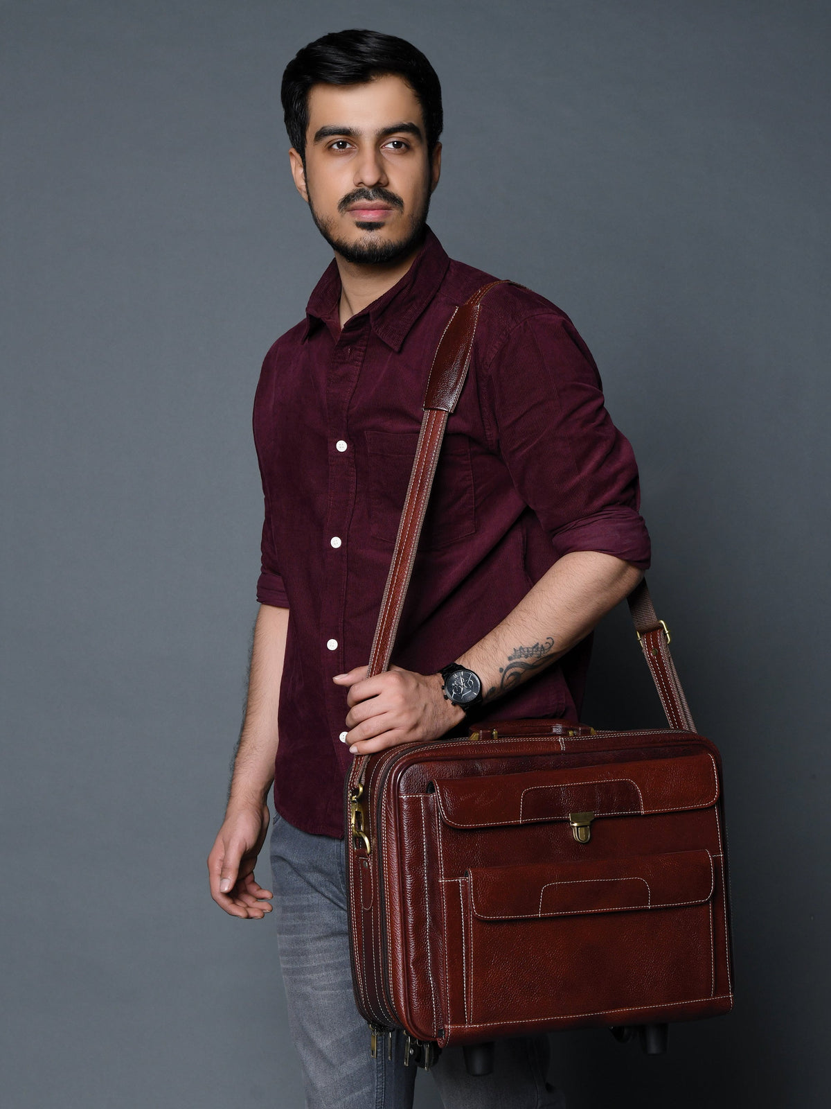 Wanderer Leather Trolly Suitcase Bag by Classy Leather Bags