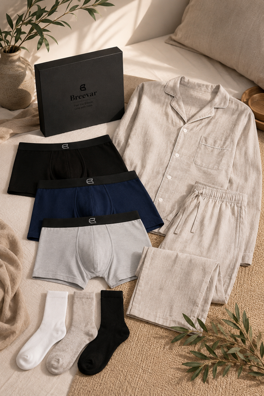 Men's Natural Comfort Complete Gift Set with Long-Sleeve Sleepwear, Boxer Brief and Socks by Breevar
