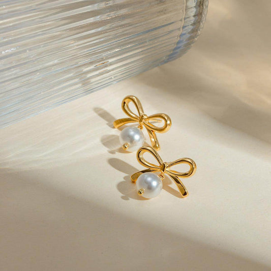 Stainless Steel Bow Pearl Earrings for Elegant Style by Mauve Tuna