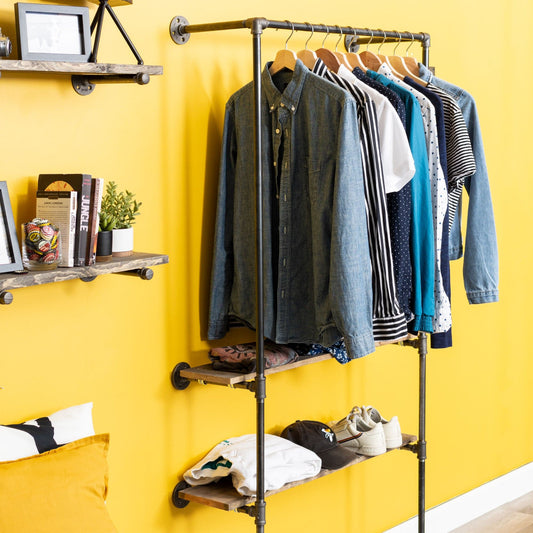 PIPE DECOR 2 shelf wall mounted pipe clothing rack with pine shelves, view 2
