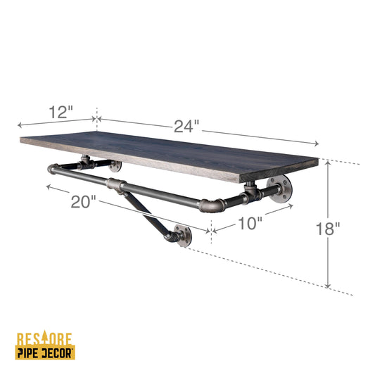 PIPE DECOR 24 in. wall mounted clothing rack with Boulder Black wood shelf, view 2