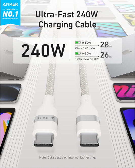 Anker USB-C to USB-C Cable (3 ft / 6 ft, 240W, Upcycled-Braided) by Anker