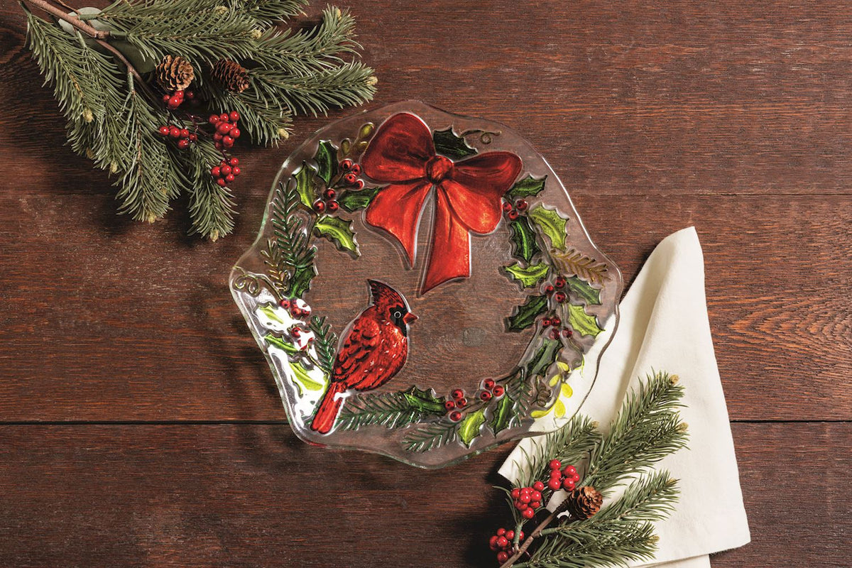 Cardinal & Wreath Fused Glass Christmas Plate by Rust & Cinder