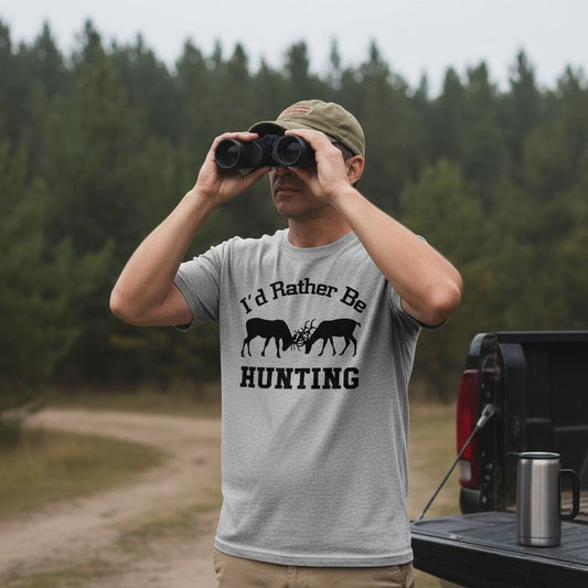 Hunting Gift for Men - I'd Rather Be Hunting Mens Tshirt - Gray Tshirt Hunter by Joyful Moose