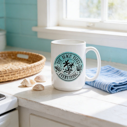 Beach Coffee Mug - Durable Ceramic Ocean Decor Mug | Large Dishwasher Safe Cup by Joyful Moose