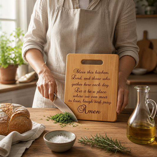 Kitchen Prayer Bamboo Cutting Board - Christian Housewarming Gift - Bless this kitchen by Joyful Moose