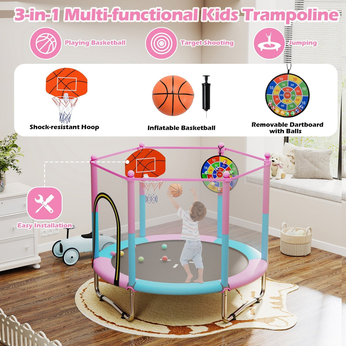 60-inch macaron toddler trampoline with basketball hoop by GBruno Store, view 8