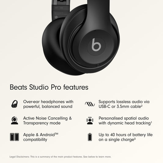 Beats Studio Pro Premium Wireless Over-Ear Headphones- Up to 40-Hour Battery Life, Active Noise Cancelling, Great for Travel & Commuting, USB-C Lossless Audio, Apple & Android Compatible -Black (Refurbished) by EasyOptionXY