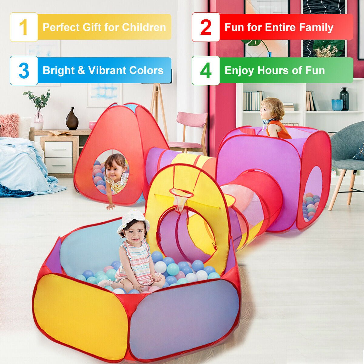 Pop-up kids play tent castle with ball pit and basketball hoop by GBruno Store, view 8
