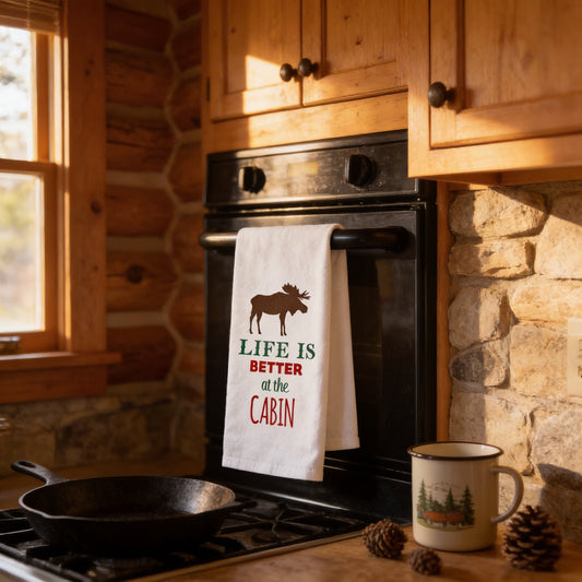 Cabin Kitchen Towel - Life is Better at the Cabin Flour Sack Towel - Cabin Decor by Joyful Moose