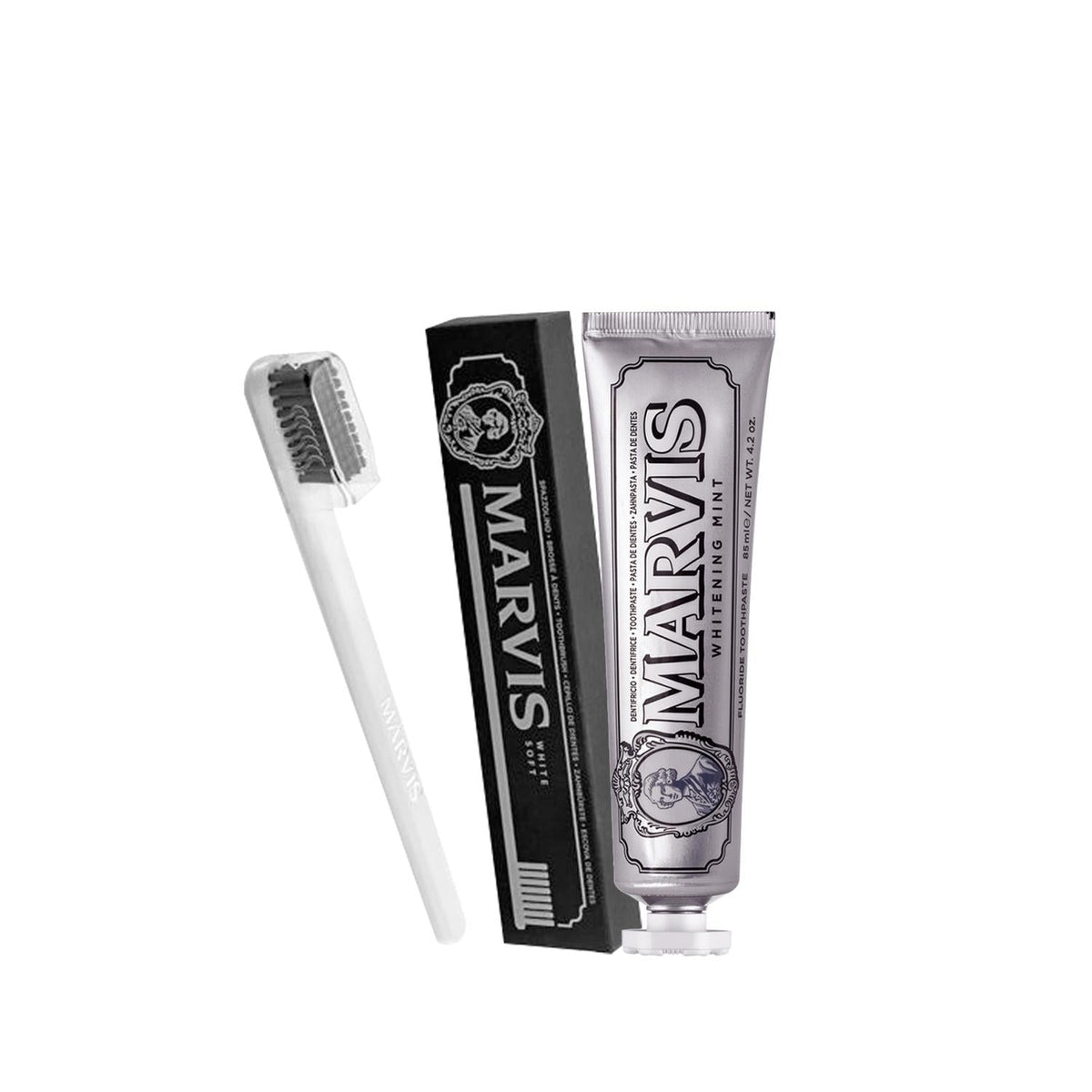 Marvis Whitening Mint Toothpaste & Toothbrush Set: Achieve a Brighter Smile & Fresh Breath - Complete Oral Hygiene Kit by Beauty Care Bag