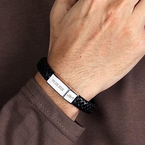 Roman Numerals Engraved Mens Bracelet, Woven Braided Leather Bracelet by Green Millie