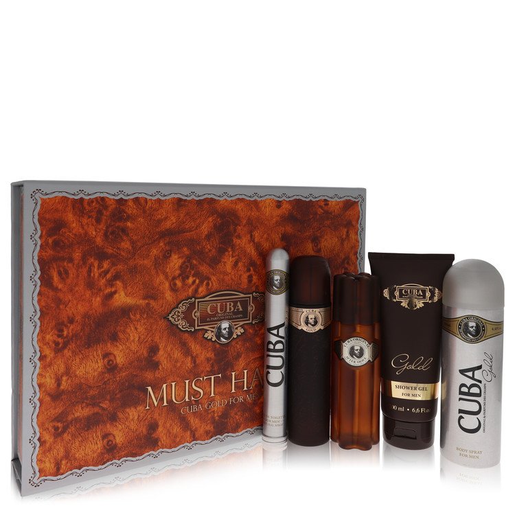 Cuba Gold by Fragluxe Gift Set -- 3.3 oz Eau De Toilette Spray + 3.3 oz After Shave Spray + 6.7 oz Body Deodorant Spray + 6.7 oz Shower Gel + 1.17 oz EDT Spray for Men by Avera Group