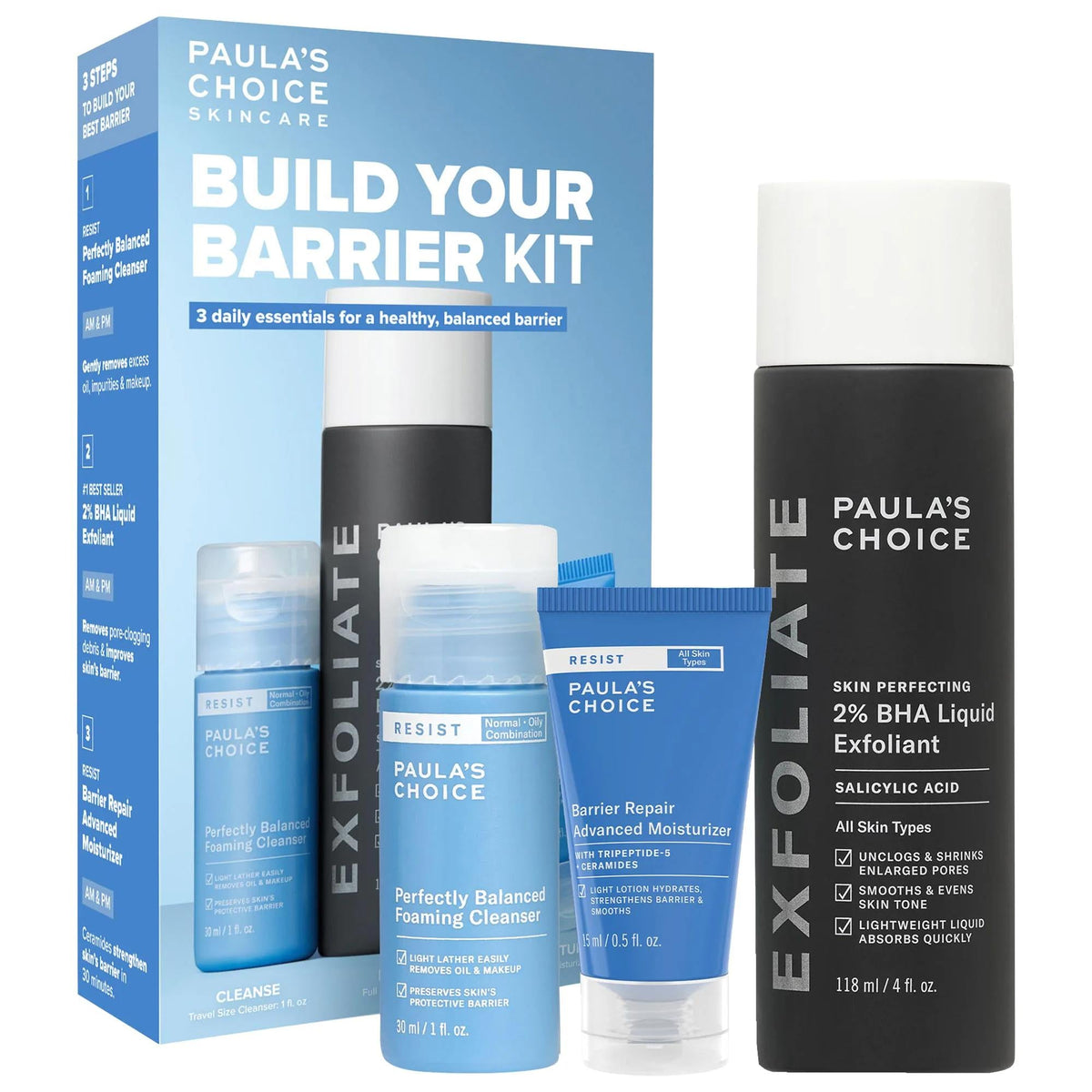 Build Your Barrier: Vegan Skincare Kit with BHA, Foaming Cleanser, & Barrier Repair Moisturizer - Hydrate, Brighten & Strengthen Skin by Beauty Care Bag