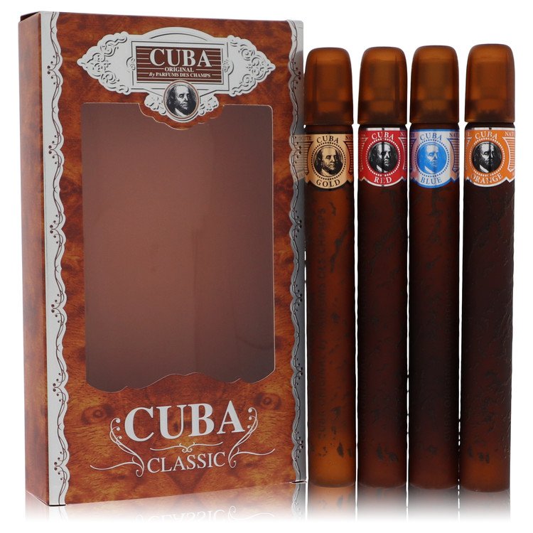 Cuba Gold by Fragluxe Gift Set -- Cuba Variety Set includes All Four 1.15 oz Sprays, Cuba Red, Cuba Blue, Cuba Gold and Cuba Orange for Men by Avera Group