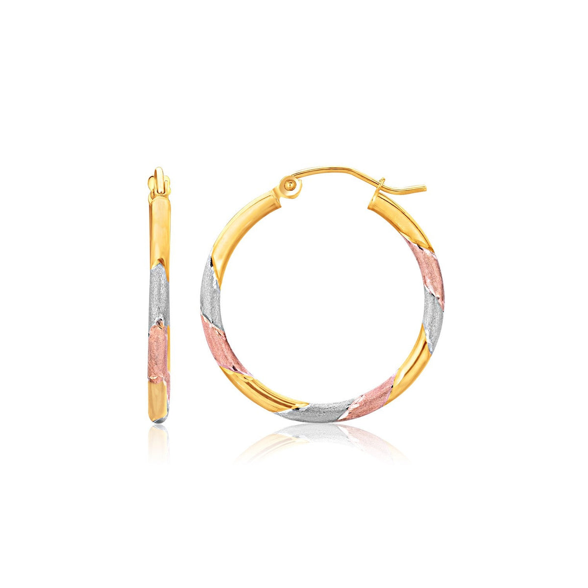 14k tri-color gold textured hoop earrings, 1 inch diameter, by Avera Group