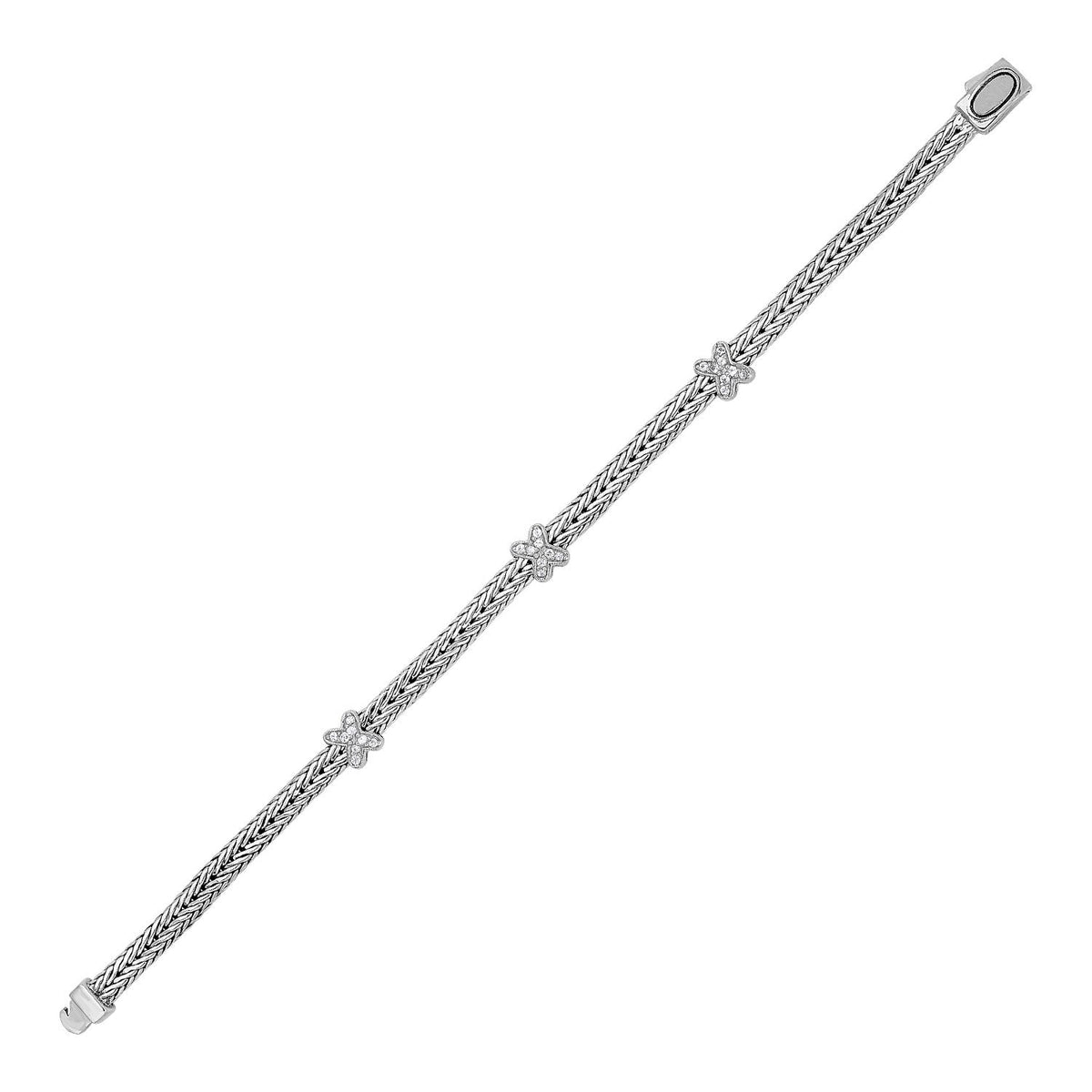 Woven Rope Bracelet with White Sapphire X Accents in Sterling Silver (2.00 mm) by Avera Group