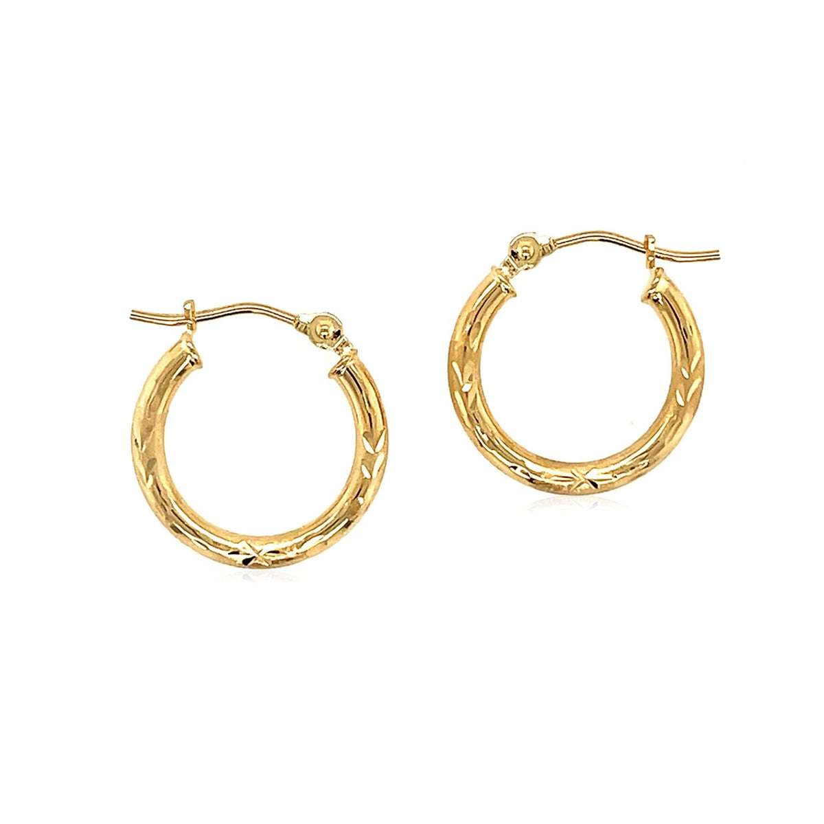 2x15mm 14k yellow gold satin and diamond-cut hoop earrings, Avera Group, view 2