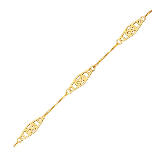 14k yellow gold curb anklet with diamond-shape filigree stations, Avera Group, view 2