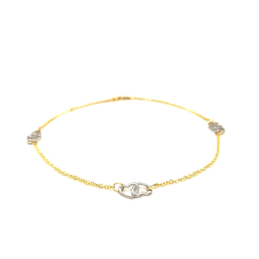 14k two-tone gold entwined heart station anklet by Avera Group, view 2