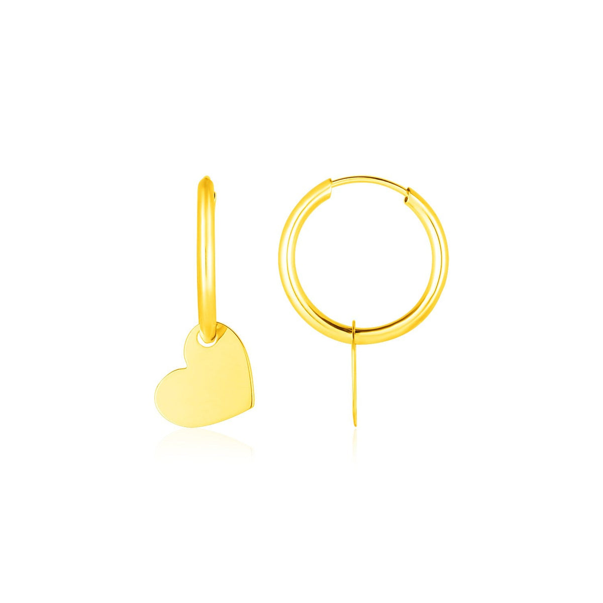 14k yellow gold polished hoop earrings with heart charms by Avera Group