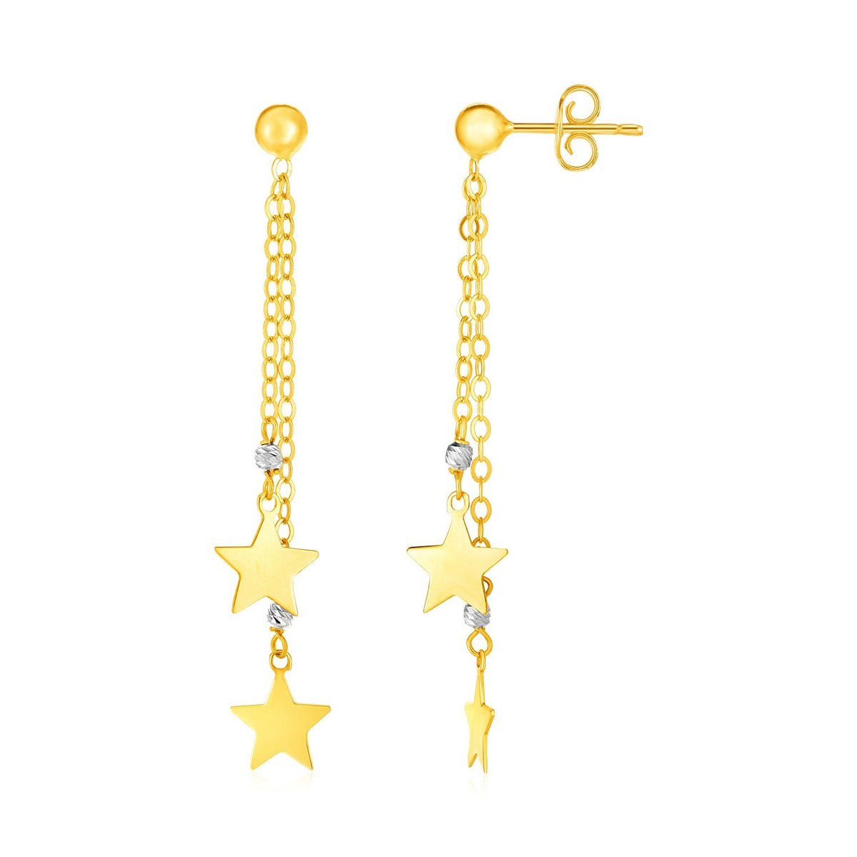 Dangling polished yellow gold stars with white gold accents, 14k post earrings, Avera Group