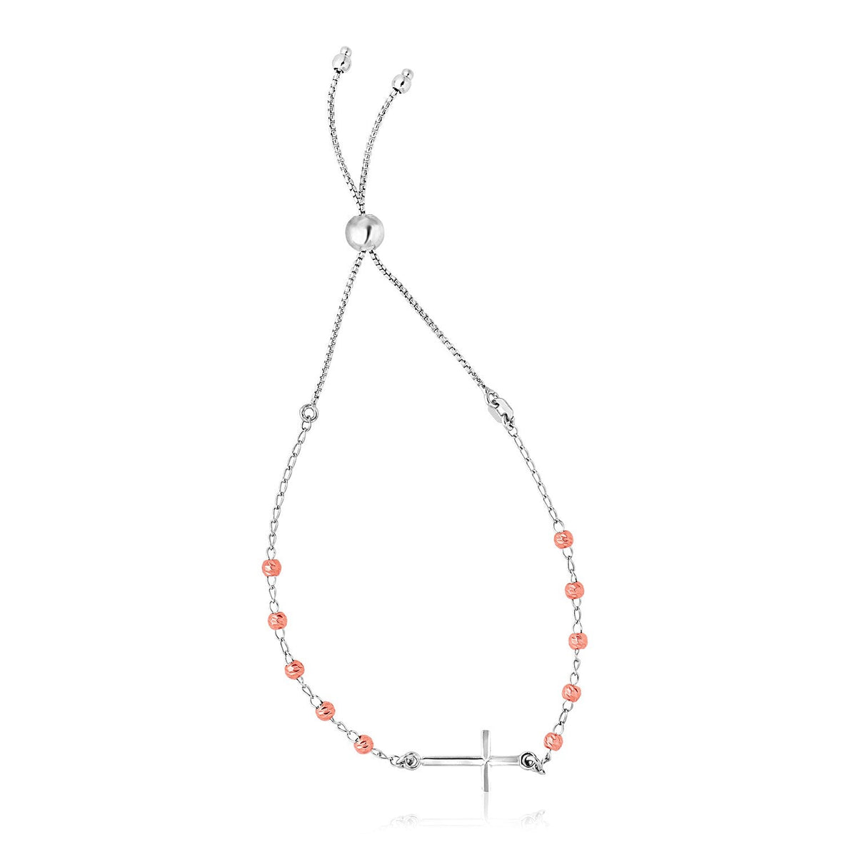 Sterling Silver White and Rose Finish Adjustable Bracelet with Cross by Avera Group