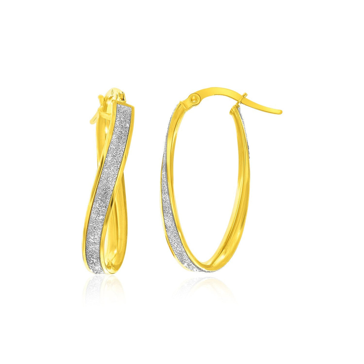 14k two-tone gold twisted oval hoop earrings with glitter center by Avera Group