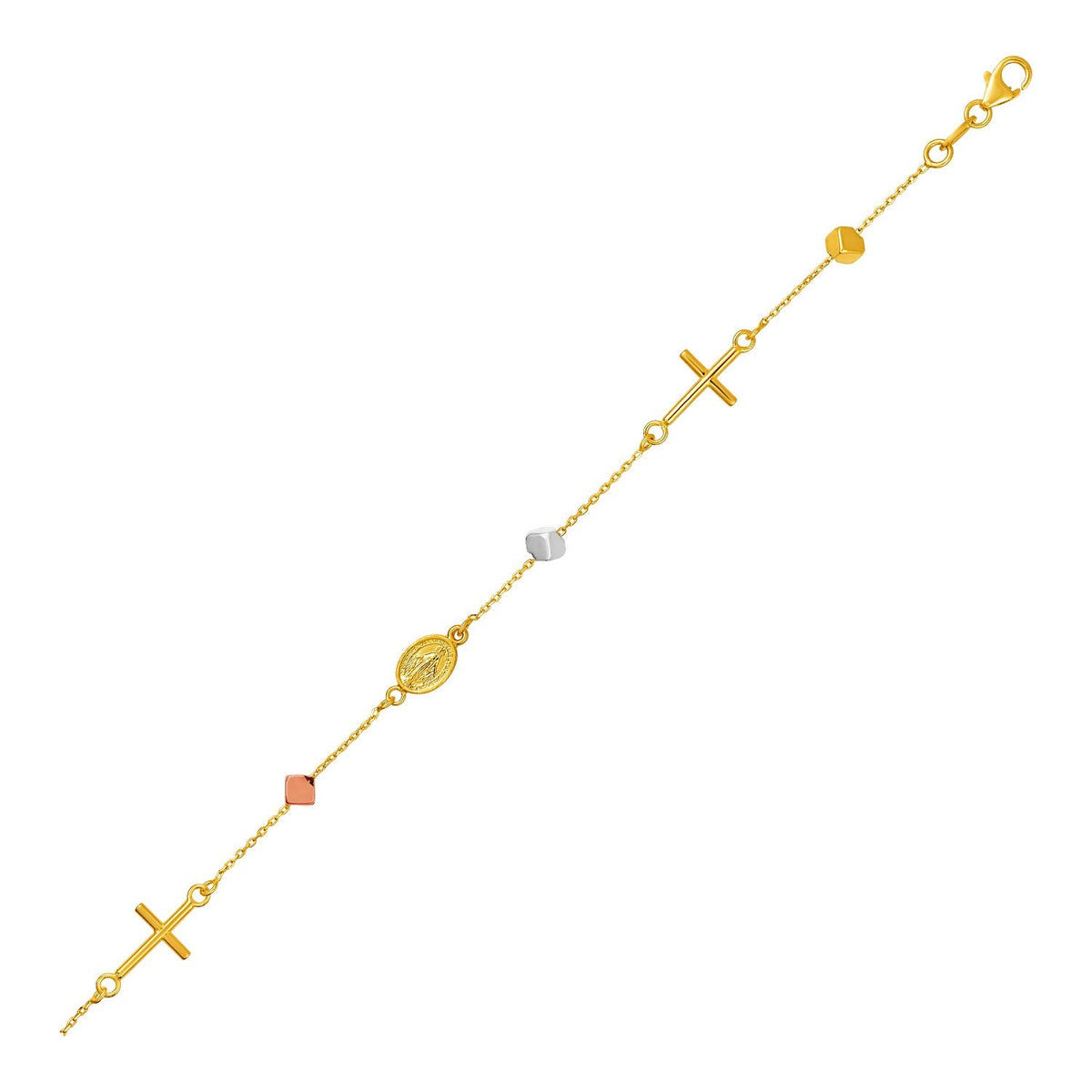 14k tri-color gold bracelet with crosses, cubes and medallions by Avera Group