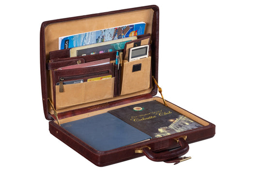Executive Men's Leather Attache Briefcase Brown/Cherry Red by Classy Leather Bags