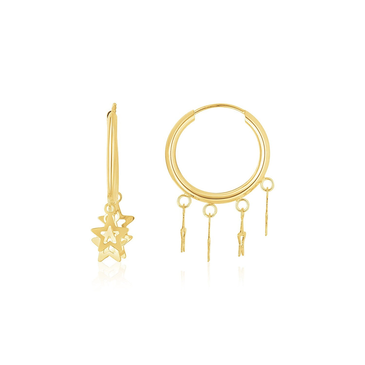 14k yellow gold endless huggie hoop earrings with star charms by Avera Group
