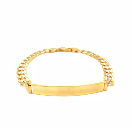 Men's narrow 14k two-tone gold curb ID bracelet with white pave by Avera Group, view 2