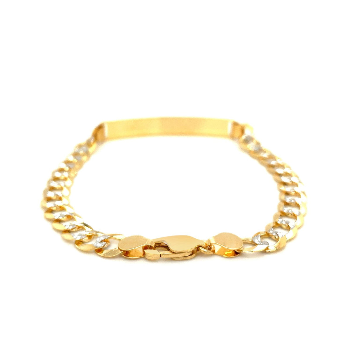 Men's narrow 14k two-tone gold curb ID bracelet with white pave by Avera Group, view 3