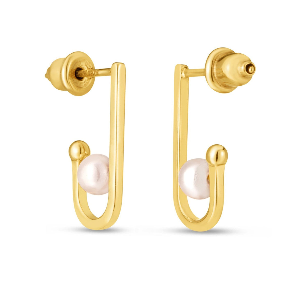 14k yellow gold J hoop huggie earrings with pearls by Avera Group, view 2