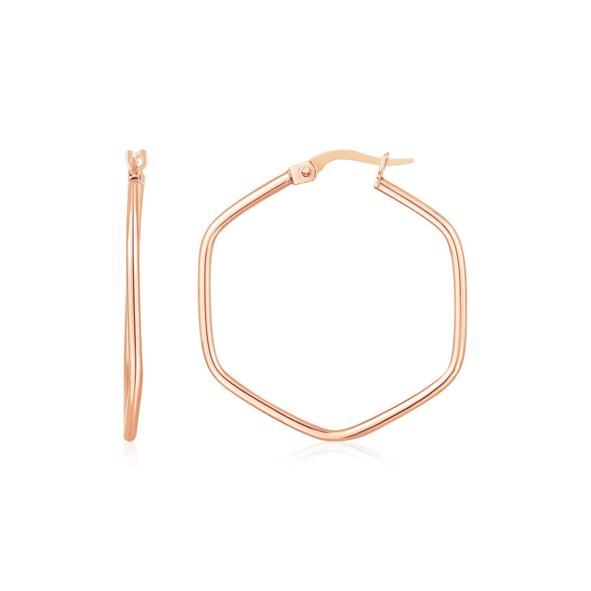 14k rose gold hexagon hoop earrings with rounded edges by Avera Group
