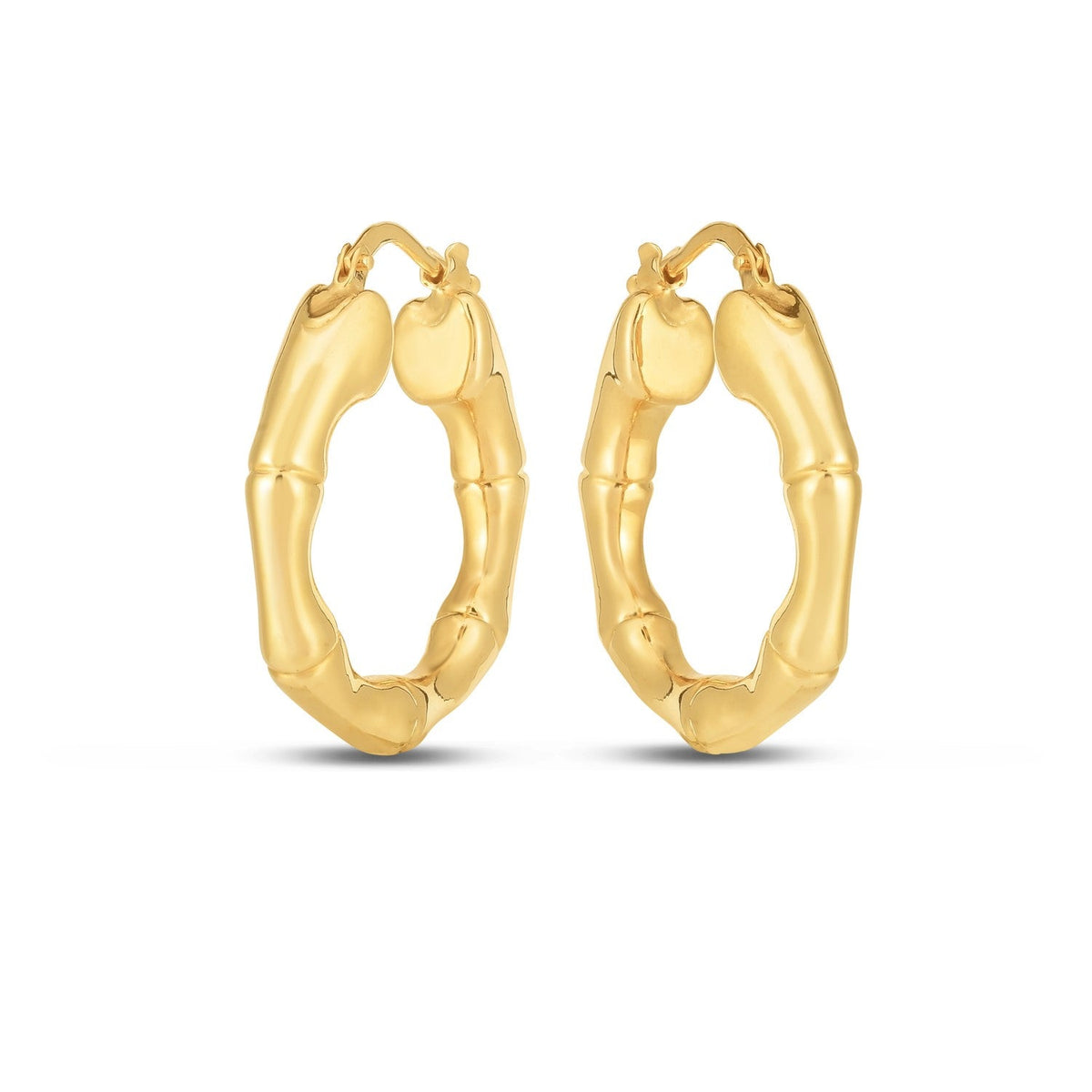 14k yellow gold medium bamboo hoop earrings by Avera Group, view 2