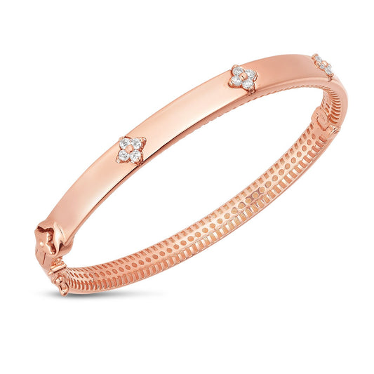 14k rose gold trilogy diamond bangle, high polish, by Avera Group, view 2