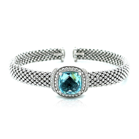Popcorn Texture Cuff Bangle with Blue Topaz and Diamonds in Sterling Silver (8.00 mm) by Avera Group