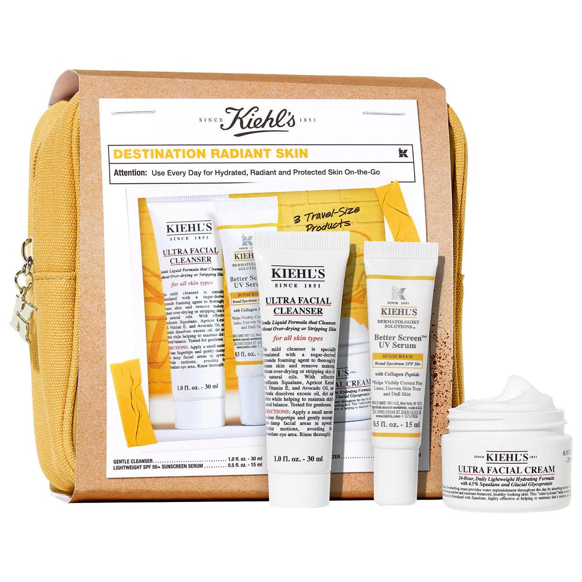 Destination Radiant: Hydrating Skincare Gift Set with SPF 50 - Travel Size for Dry Skin, Radiant Complexion & UV Protection by Beauty Care Bag