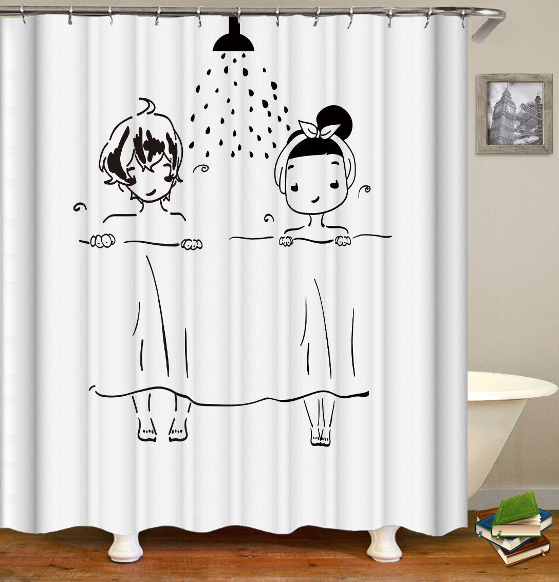 Couples Shower Black And White Drawing Shower Curtain by Amethyst Hera
