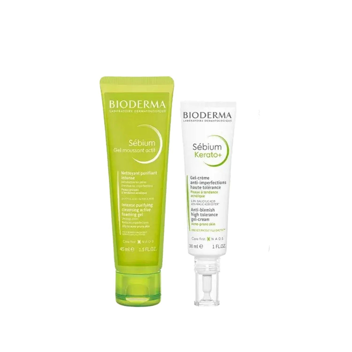Bioderma Sebium Kerato+ and Sebium Foaming Gel skincare set for oily skin