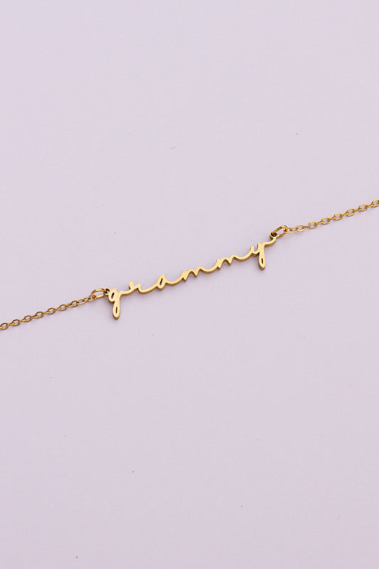 Rose & Clay "Grammy" cursive script name necklace, gold or silver stainless steel