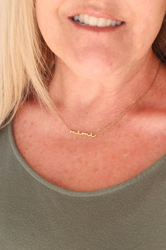 Rose & Clay "Mimi" cursive script name necklace, gold or silver stainless steel