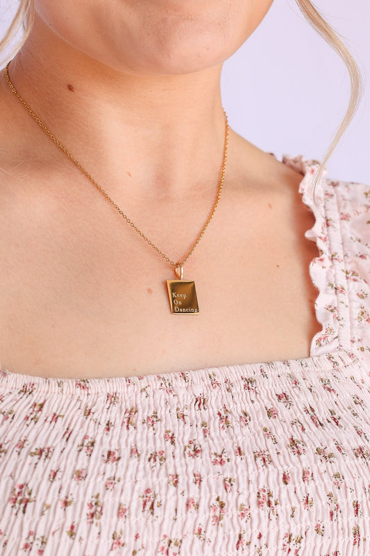 Rose & Clay "Keep On Dancing" 18mm engraved round pendant necklace, gold or silver