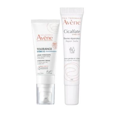 Avene skincare set with Tolerance Hydra-10 cream and Cicalfate lip balm