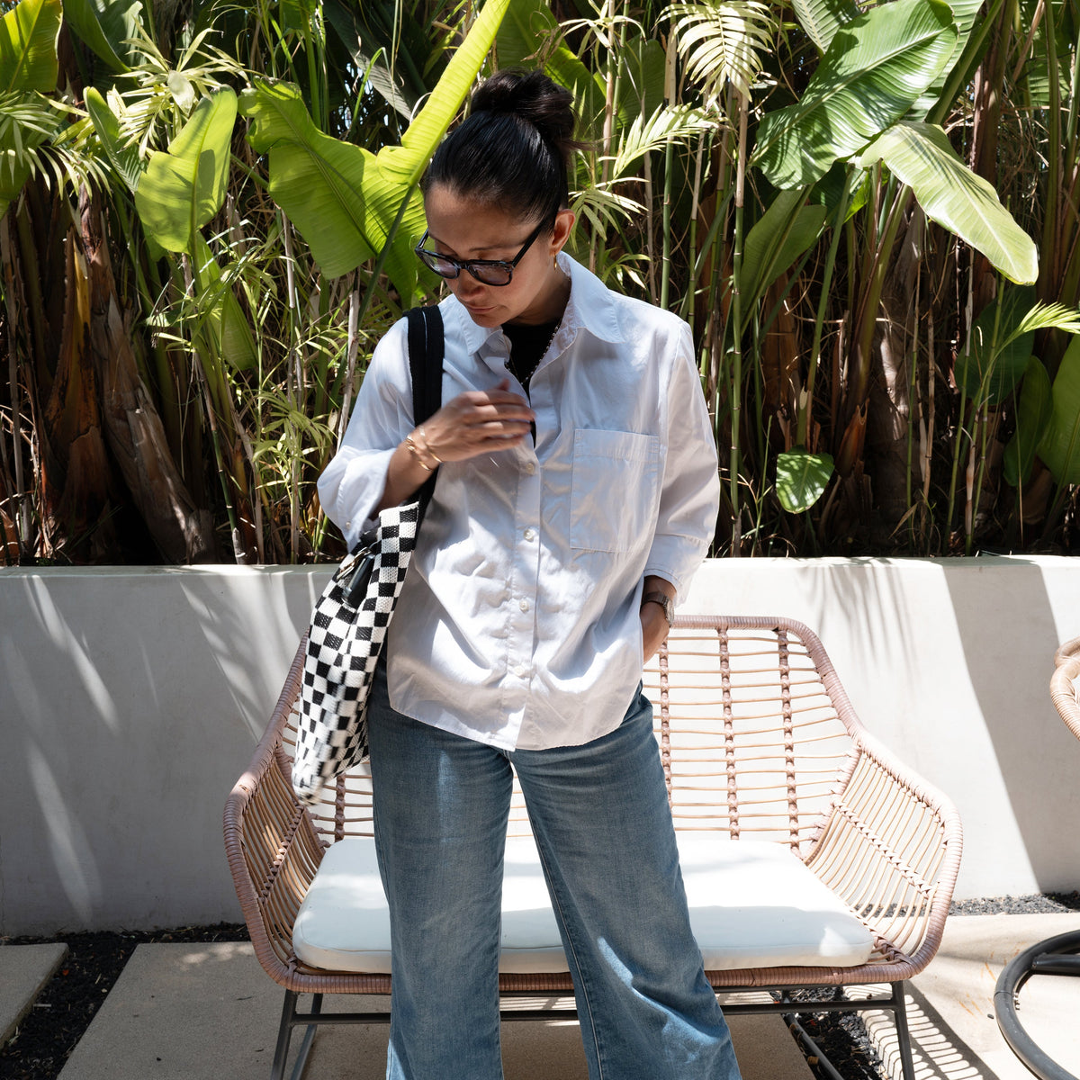 Black Checkered Tote Bag - Washable Cotton Knit with Key Ring by CASUPO