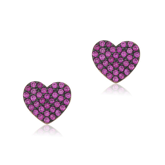 Sterling Silver Rose Gold Plated Black Rhodium Pink CZ Pave Heart Stud Post Earrings by Massete