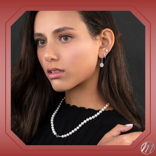 MASSETE White Round Freshwater Cultured Pearl Necklace for Women Sterling Silver Lobster Clasp Modern 6.5mm 18" by Massete