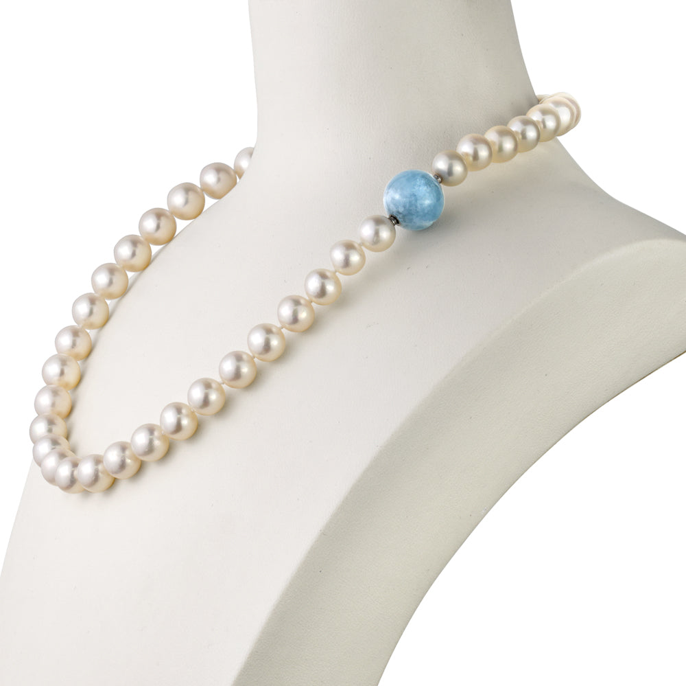 MASSETE White Round Freshwater Cultured Pearl Necklace for Women Aquamarine Sphere Invisible Clasp 10mm 17" by Massete
